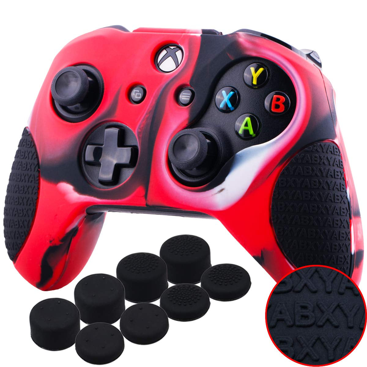 Thickened Rubber Silicone Cover Skin Case 3D Letters Massage Grip for Xbox One S/X Controller X 1(Camouflage Red) with PRO Thumb Grips X 8