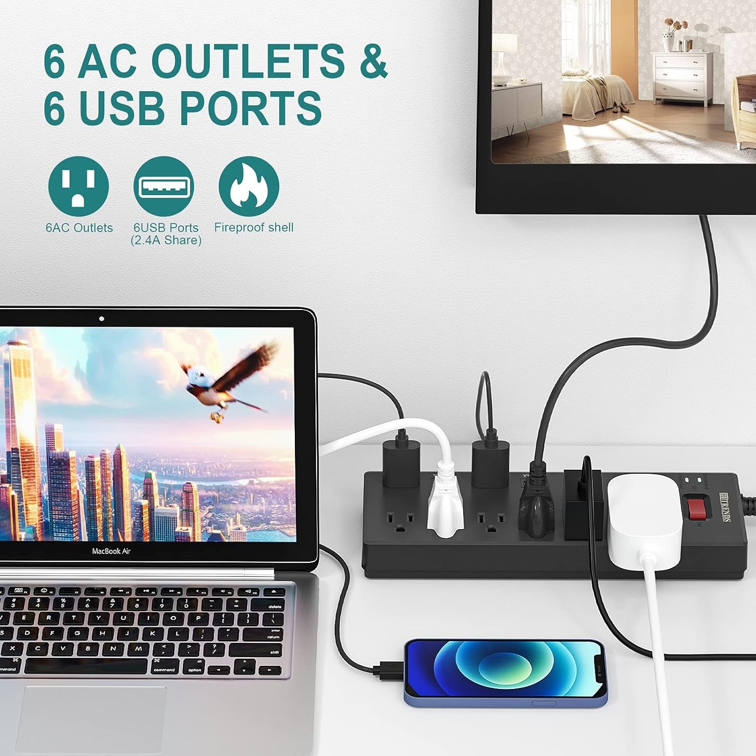 Power Strip,  Surge Protector with 6 AC Outlets & 6 USB Charging Ports, 6 Feet Heavy Duty Extension Cord, 1625W/13A Multiplug for Home Office & Multiple USB Devices - Black