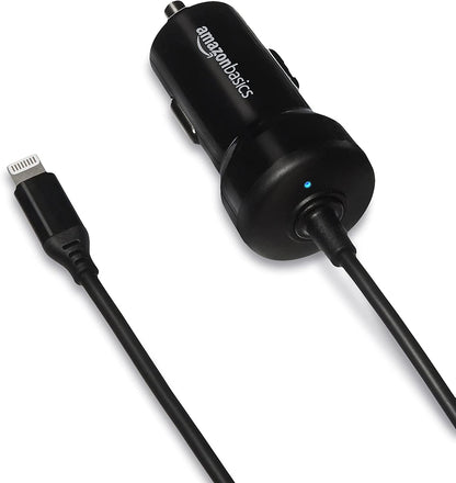 12W (5V, 2.4A) Fast Charging Car Charger with Coiled Lightning Cable for Iphone, Ipad and Apple Devices, 1.5 Ft - Black