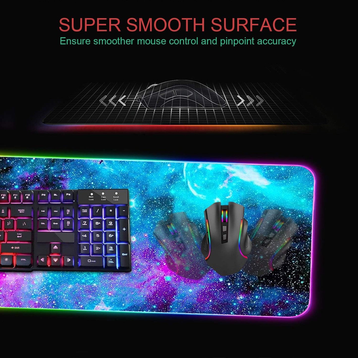 RGB Gaming Mouse Pad with Coffee Coaster, XXL Large Glowing LED Mousepad, Anti-Slip Rubber Base, Computer Keyboard Desk Mouse Mat 31.5 X 11.8 Inch - Blue Galaxy Nebula Universe Space