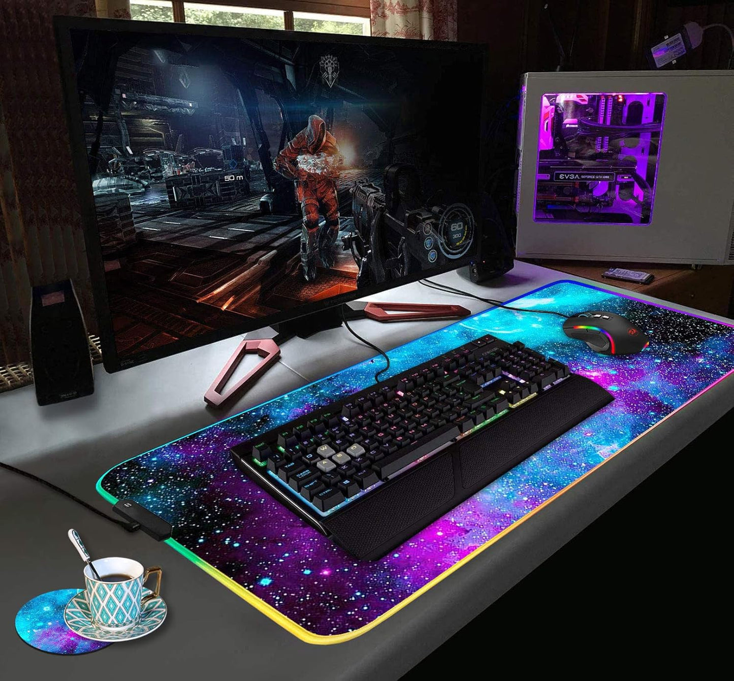 RGB Gaming Mouse Pad with Coffee Coaster, XXL Large Glowing LED Mousepad, Anti-Slip Rubber Base, Computer Keyboard Desk Mouse Mat 31.5 X 11.8 Inch - Blue Galaxy Nebula Universe Space