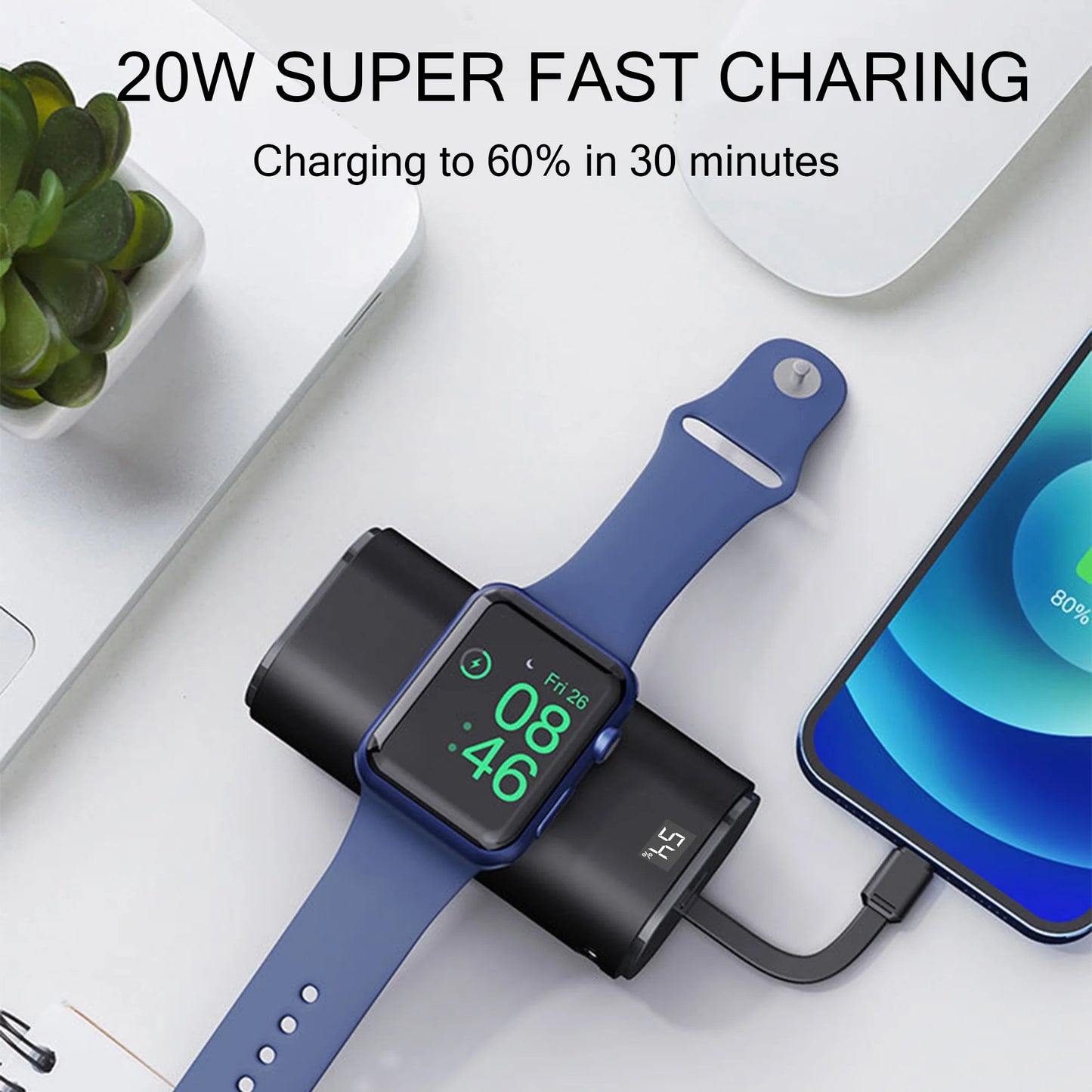 Portable Charger for Watch, 9000Mah Small Power Bank Built-In Cables, USB C PD 20W Fast Charging for All Iwatch, Iphones, Ipad