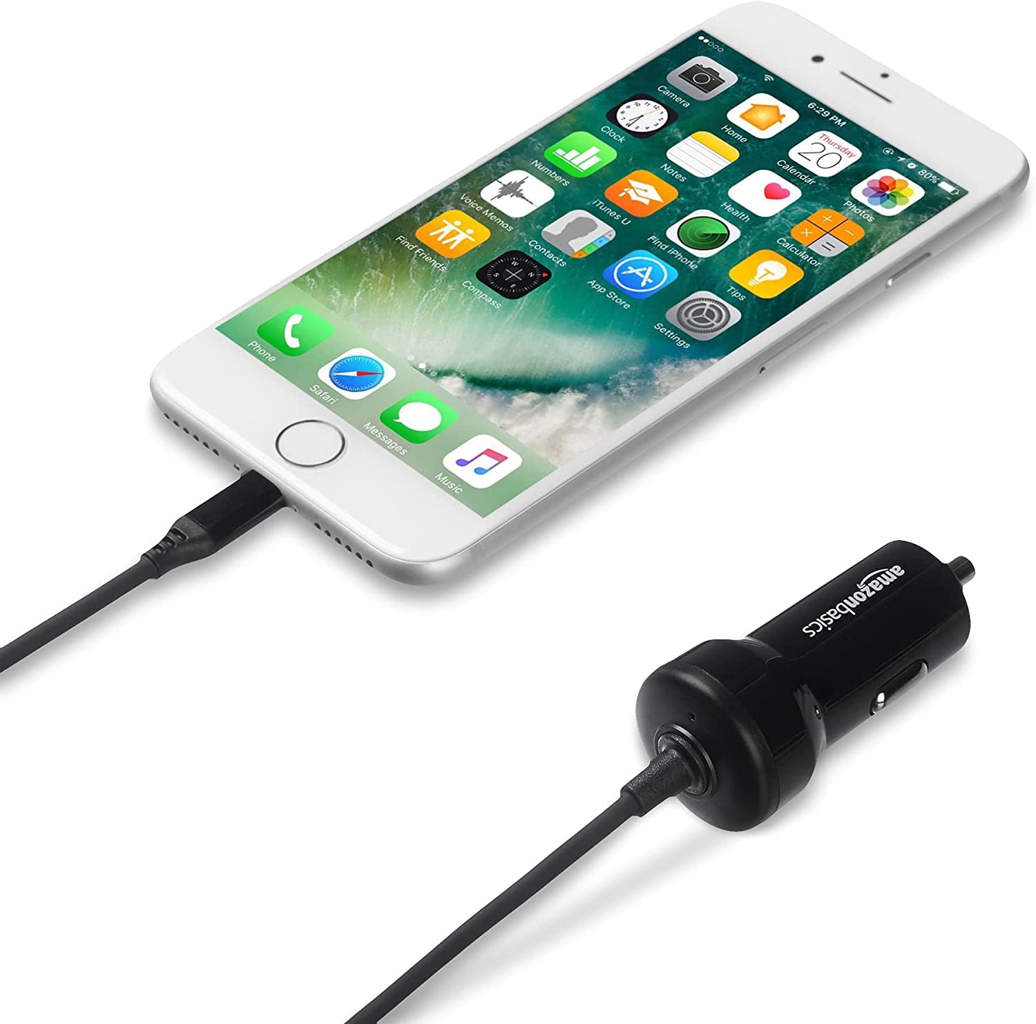 12W (5V, 2.4A) Fast Charging Car Charger with Coiled Lightning Cable for Iphone, Ipad and Apple Devices, 1.5 Ft - Black