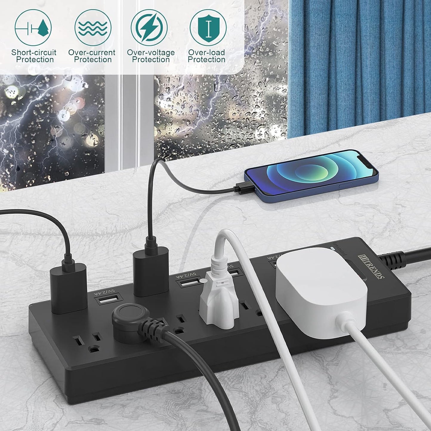 Power Strip,  Surge Protector with 6 AC Outlets & 6 USB Charging Ports, 6 Feet Heavy Duty Extension Cord, 1625W/13A Multiplug for Home Office & Multiple USB Devices - Black