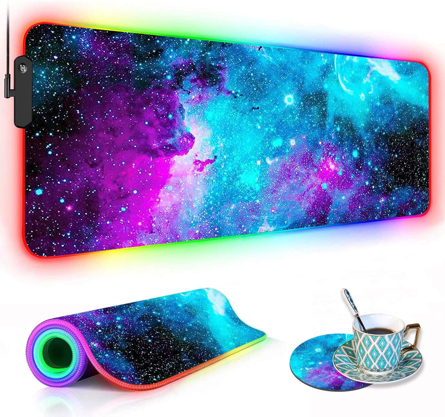 RGB Gaming Mouse Pad with Coffee Coaster, XXL Large Glowing LED Mousepad, Anti-Slip Rubber Base, Computer Keyboard Desk Mouse Mat 31.5 X 11.8 Inch - Blue Galaxy Nebula Universe Space