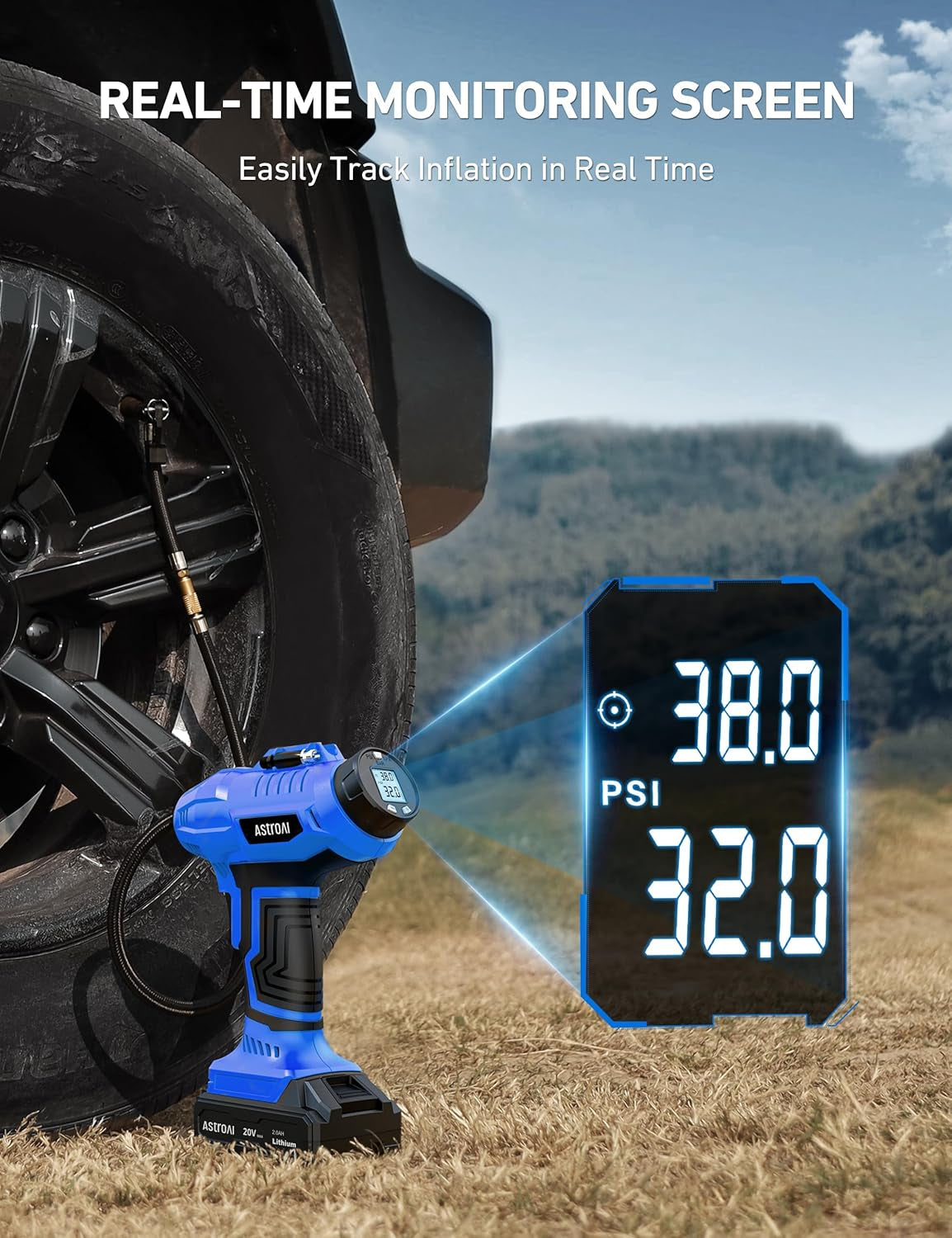 Cordless Tire Inflator Air Compressor 20V Rechargeable Battery Powered 160PSI Portable Handheld Air Pump with 12V Car Power Adapter Digital Pressure Gauge for Cars Motorcycles Blue