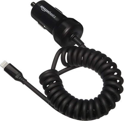 12W (5V, 2.4A) Fast Charging Car Charger with Coiled Lightning Cable for Iphone, Ipad and Apple Devices, 1.5 Ft - Black