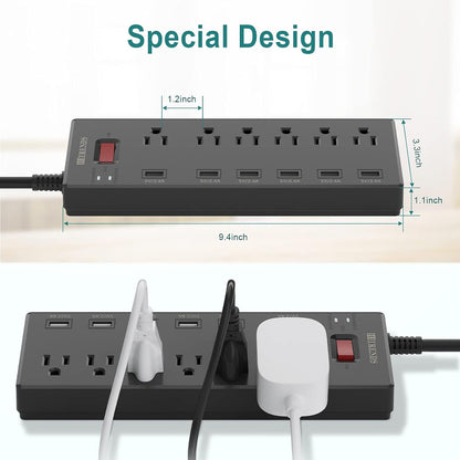 Power Strip,  Surge Protector with 6 AC Outlets & 6 USB Charging Ports, 6 Feet Heavy Duty Extension Cord, 1625W/13A Multiplug for Home Office & Multiple USB Devices - Black