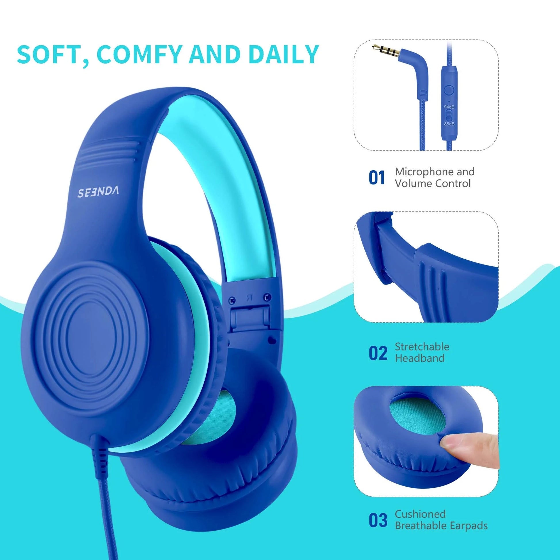 Kid'S Foldable Wired Over-Ear Headphones, Blue, HKC306